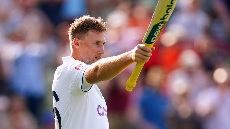 Joe Root celebrates his century