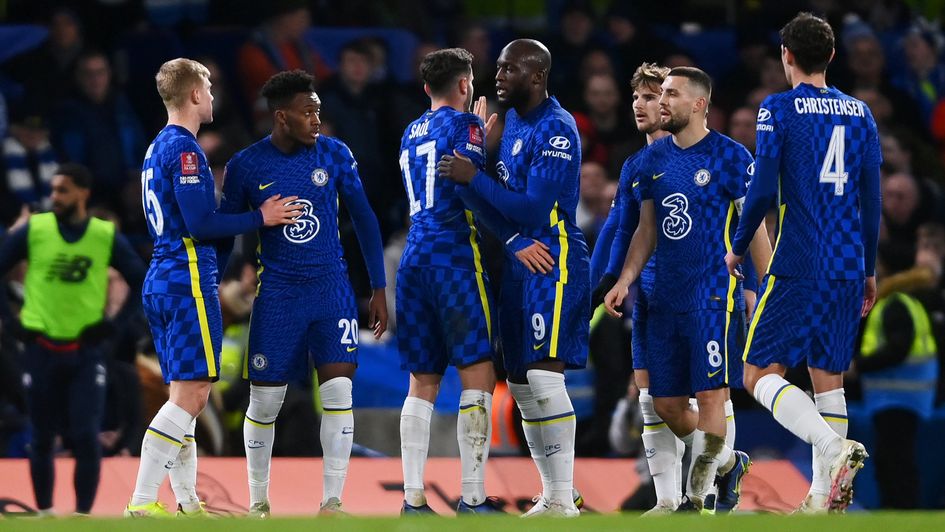 Chelsea celebrate Romelu Lukaku's goal against Chesterfield