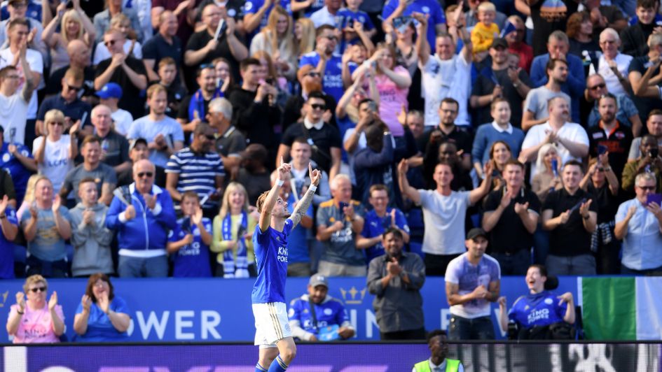 Leicester's James Maddison celebrates his first Premier League goal of the season