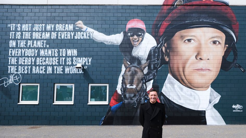 Frankie Dettori in front of his new mural at Epsom