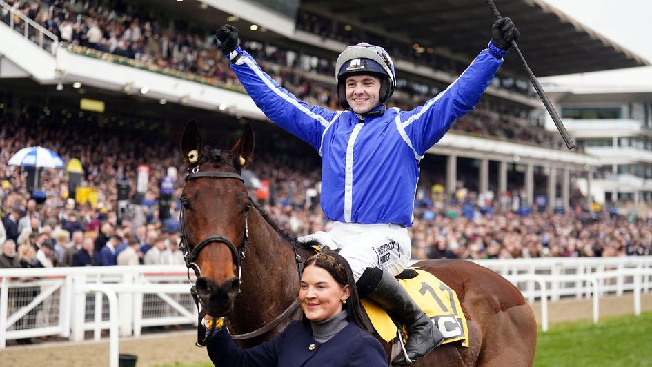 Poniros and Jonjo O'Neill Jr after claiming a shock victory at 100/1 in the Triumph Hurdle