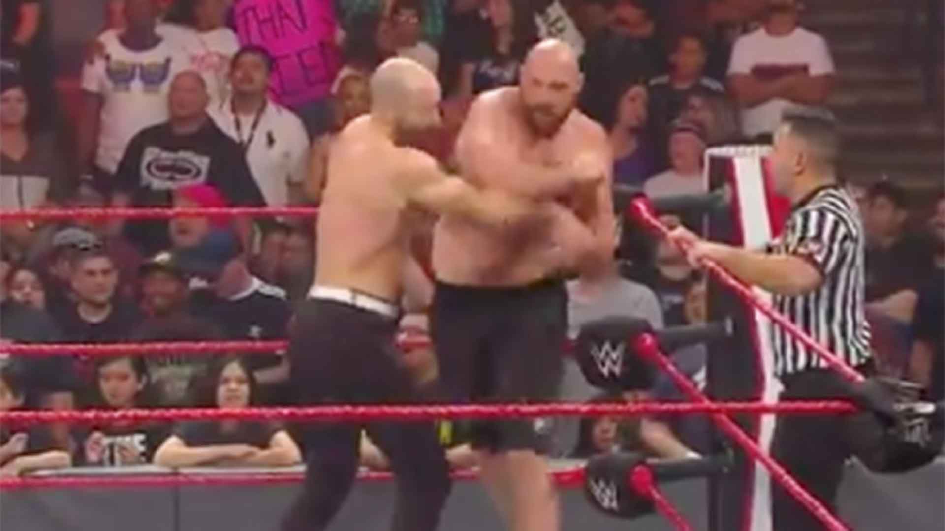 Tyson Fury and Braun Strowman go at it in the ring on Monday Night