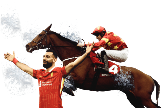 Man United football player celebrating, next to a racehorse jumping.